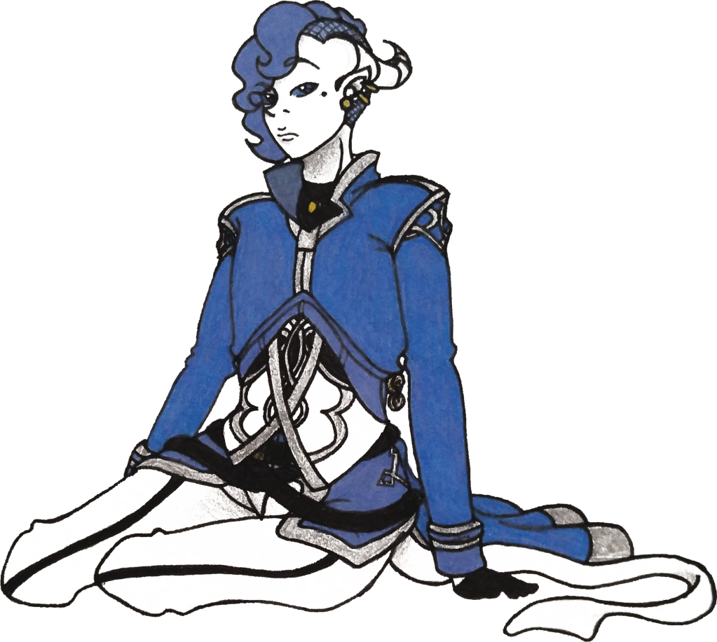 A white tiefling sitting. He has a curly blue side-undercut and exquisite blue clothes.