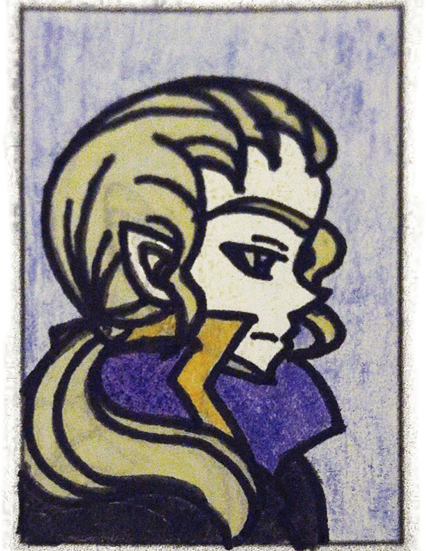 A blond half elf in profile. He has a long ponytail and purple robes.